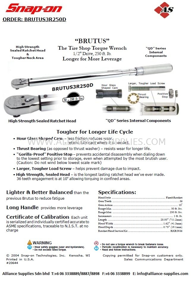 SNAP-ON U.S. Adjustable Click Type Torque Wrench 50 to 250 Ft.Lb- BRUTUS3R250D SNAP-ON Torque Wrench/ Torque Multipliers/ Torque Screwdrivers TORQUE TOOLS PROFESSIONAL