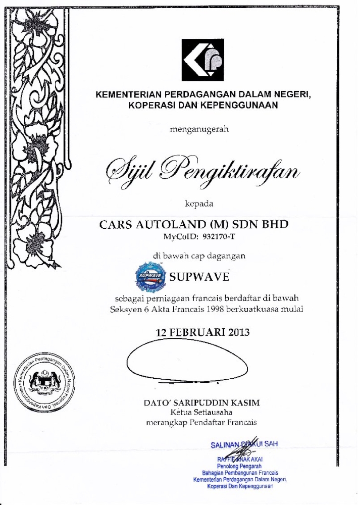 First In Malaysia Car Detailing Franchise - Certificate from government