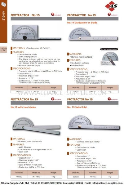 Protractors/ Angle Protractor PRT-15/ PRT-19/ PRT-19SW/ PRT-19S/ PRT-30S/ PRT-101S/ PRT-300S/ PRT-400S/ PRT-600S/ PRT-1000S/ PRT-300SW/ PRT-400SW/ PRT-600SW/ PRT-1000SW  