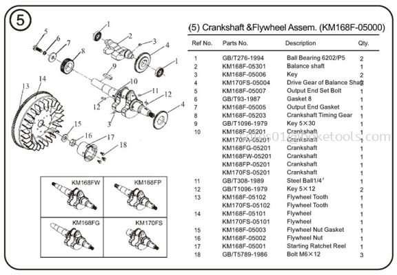 5. Crankshaft & Flywheel Assem. (KM168F-05000)