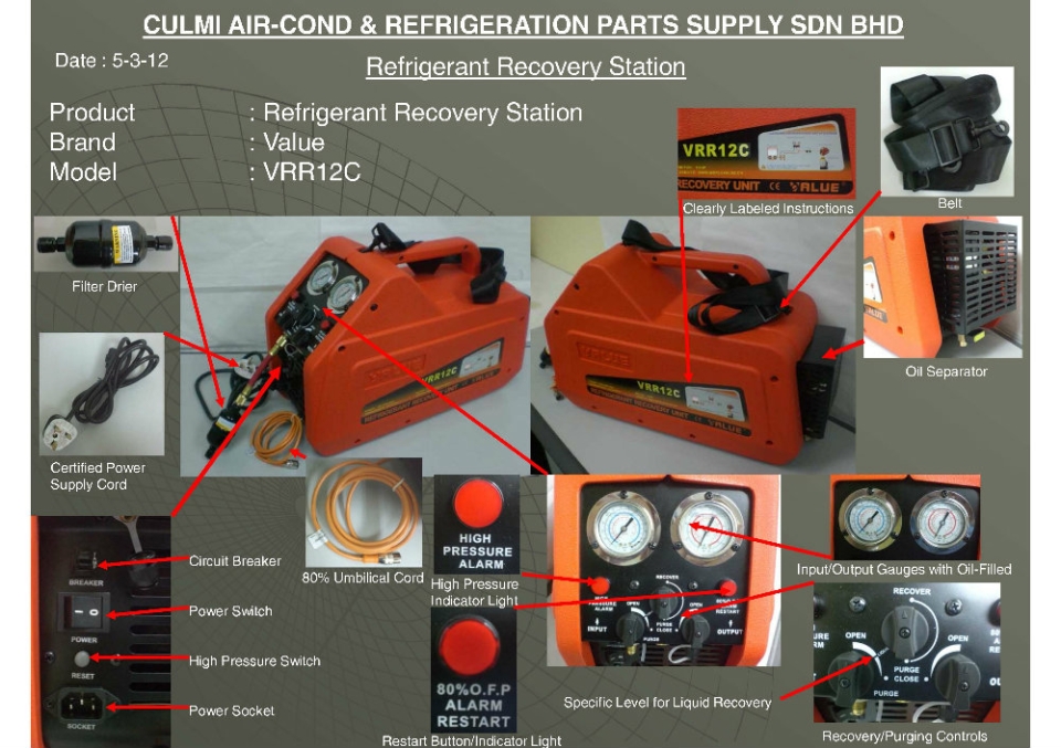 VALUE VRR12C Refrigerant Recovery Station C/W 80% SHUT OFF