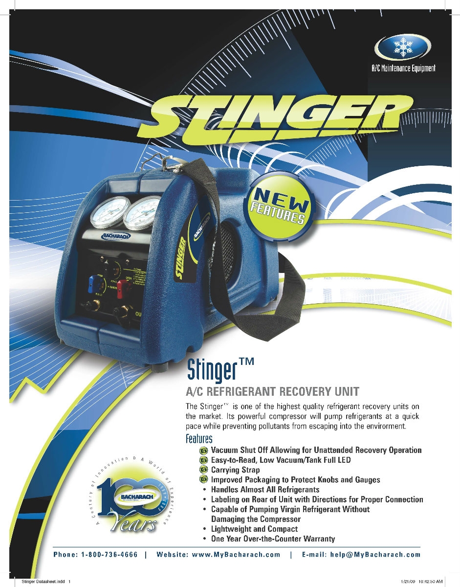BACHARACH 2006-3808 Stinger (Blue) Recovery Machine (240V) c/w 80% Shut-Off
