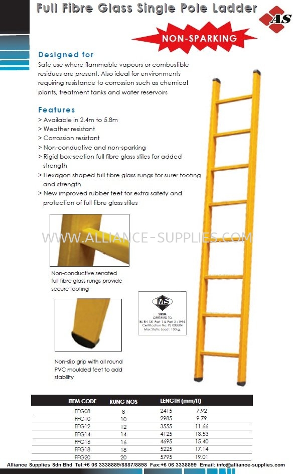 23.3 Full Fibre Glass Single Pole Ladder (Non-Sparking Industrial Ladder) 23.ACCESS EQUIPMENT