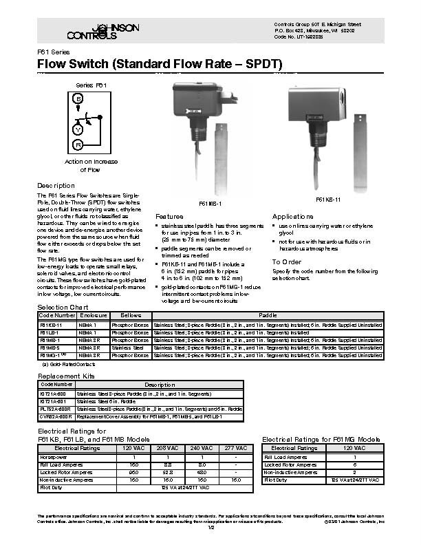 Johnson Controls Flow Switch (Standard Flow Rate SPDT)