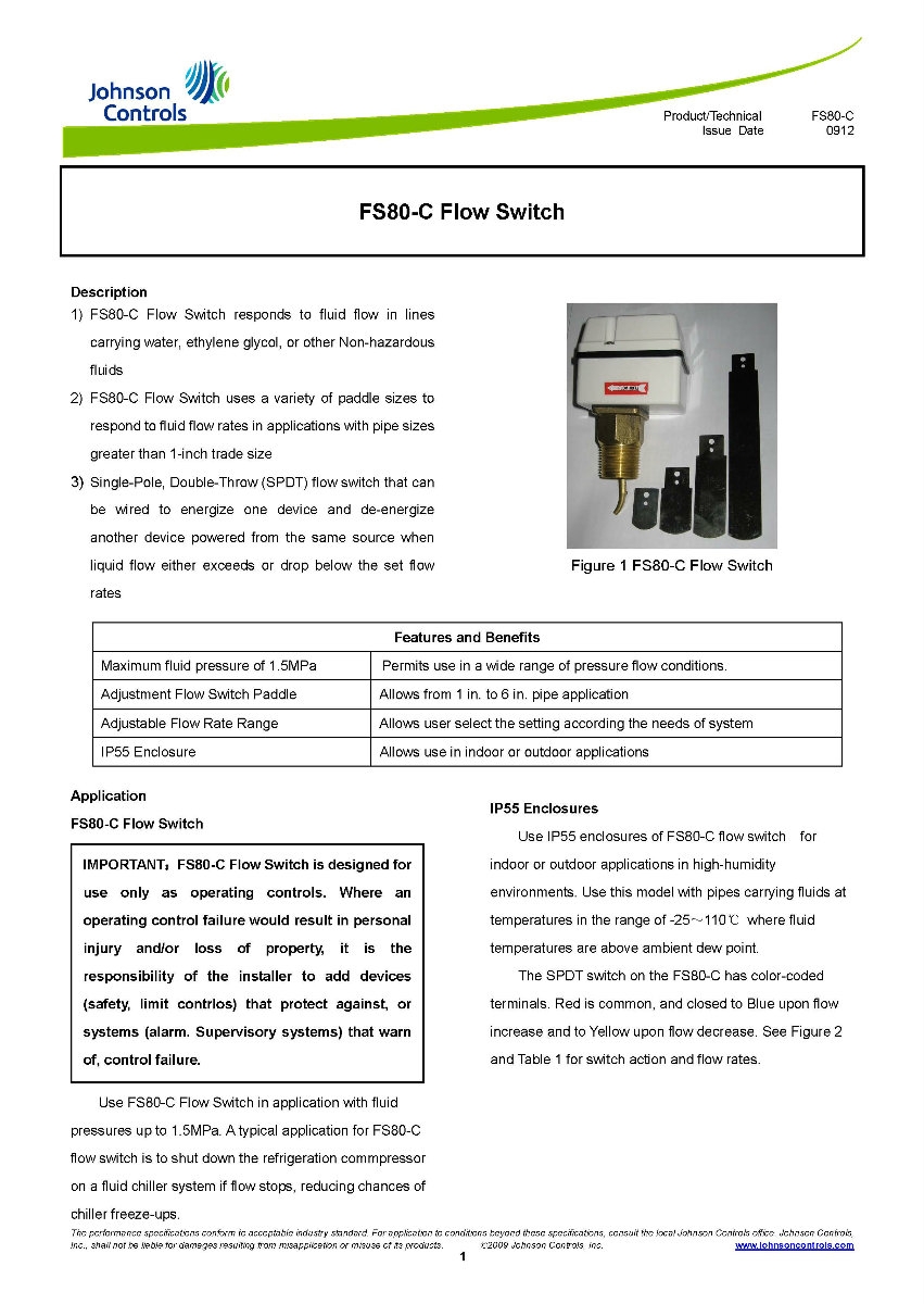 Johnson Controls FS80-C Flow Switch