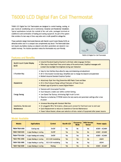 Johnson Controls T6000 Series LCD Digital Fan Coil Thermostat