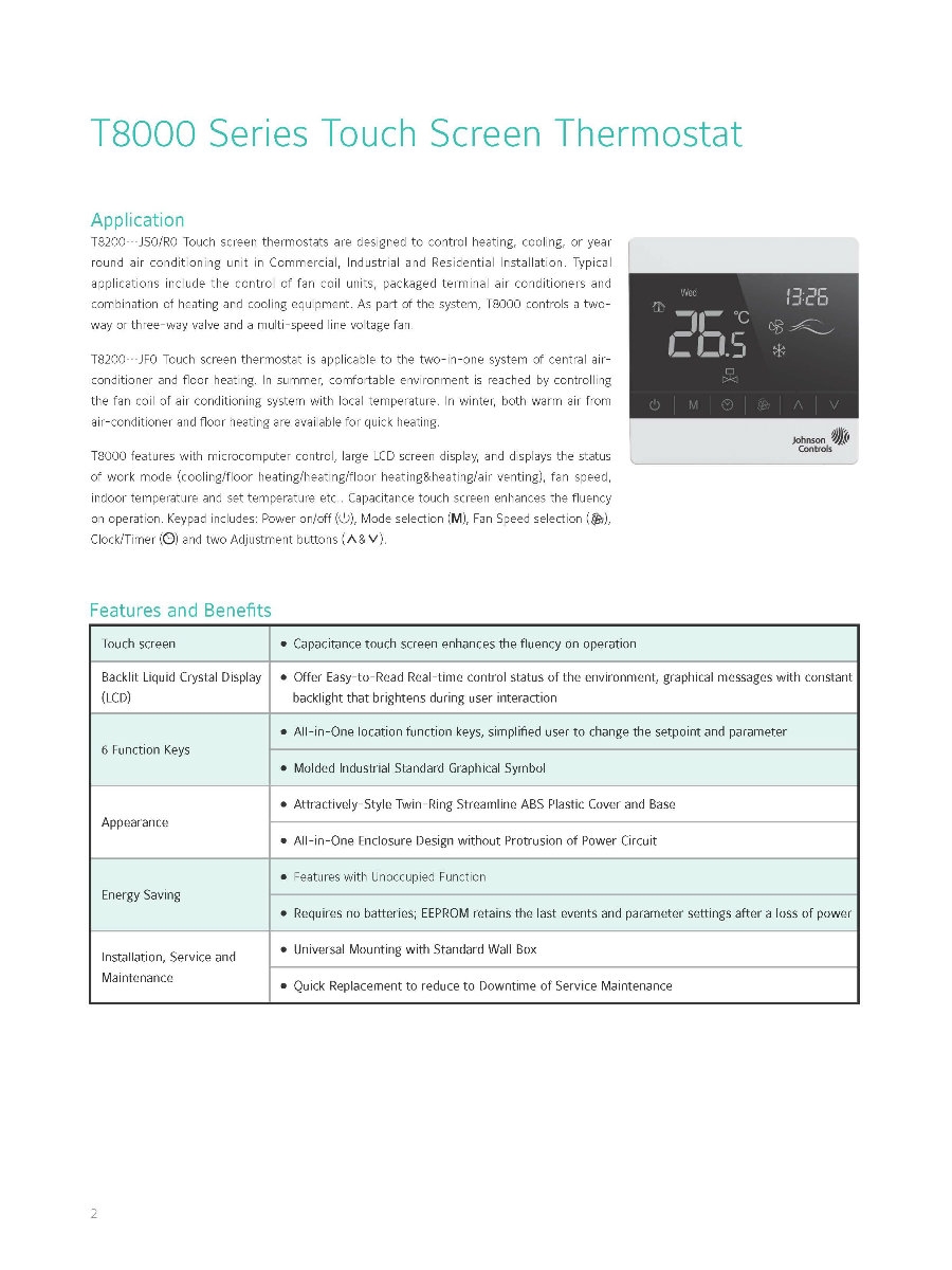 Johnson Controls T8000 Series Touch Screen Thermostat