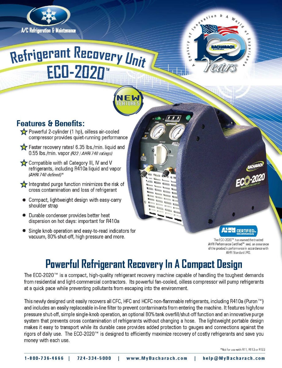 2020-8007 Bacharach ECO-2020 Refrigerant Recovery Unit c/w 80% Shut Off