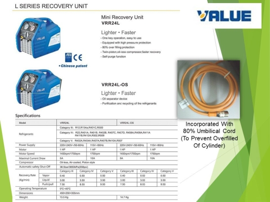 VALUE VRR24L-OS-R32 (1 HP) Refrigerant Recovery Station C/W 80% Shut Off And Oil Separator 