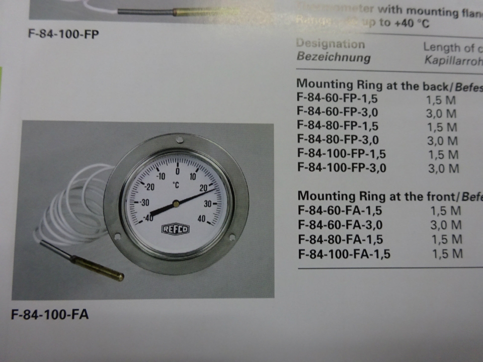 REFCO F-84 Series Thermometer With Capillary Tube (Range: -40 up to +40C)