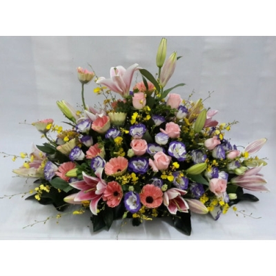 Gerbera , Lily , Eustomas , Roses Basket Arrangement (BA-097)