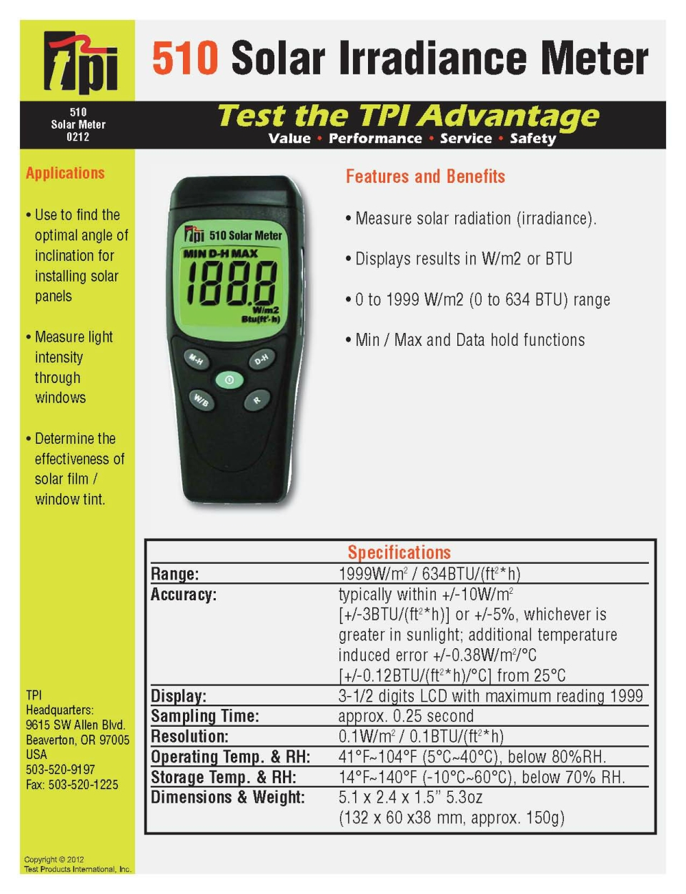 TPI-510 Solar Irradiance Meter