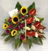 Sunflower, Geberas, Athurium Basket Arrangement (BA-068) One Side Arrangement Basket Arrangement