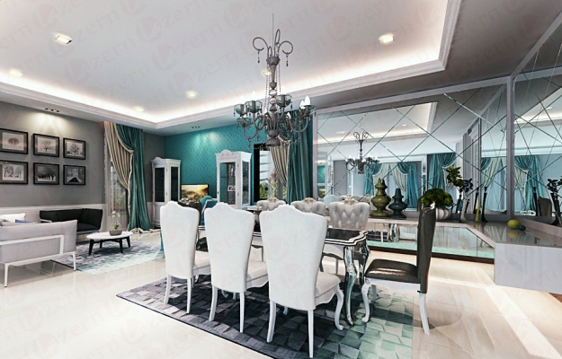 Dining area with mirror & suspended console table