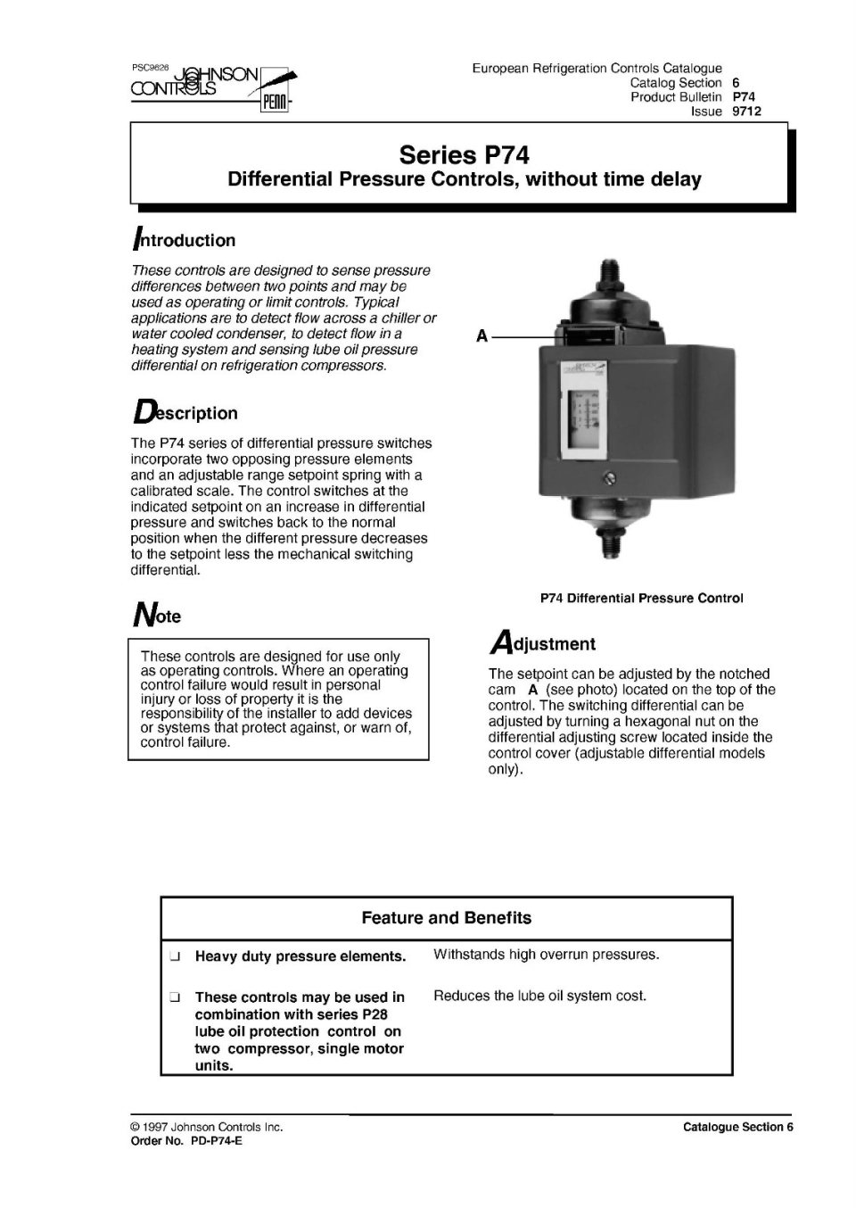Johnson Controls Series P74 (P-74FA-9700) Differential Pressure Controls, Without Time Delay
