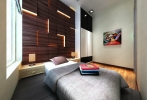 Bedhead with stripe line LED design with selected woodgrain Modern Contemporary Interior design for IJM's Condominium showroom in Kuala Lumpur, Malaysia.