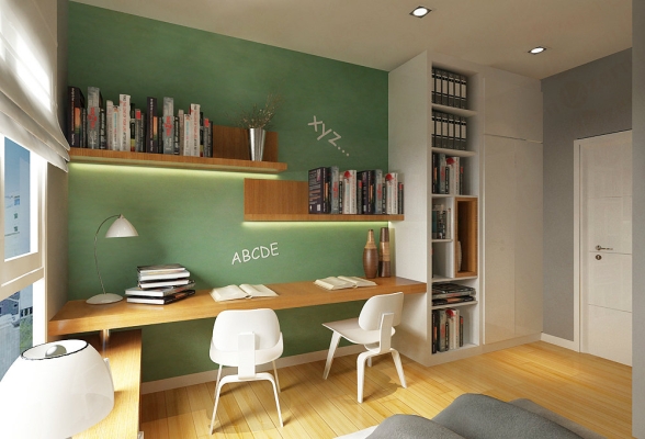 Study table with color glass wall for writing