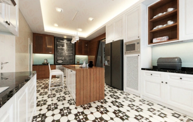 White Victorian kitchen mixture with outstanding tiles.