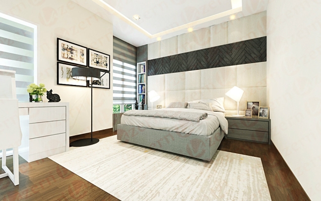 Love the neutral colors of white, wood, black in this bedroom