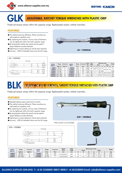 KANON GLK Adjustable, Ratchet Torque Wrenches With Plastic Grip And BLK Adjustable By Hex Wrench, Ratchet Torque Wrenches With Plastic Grip