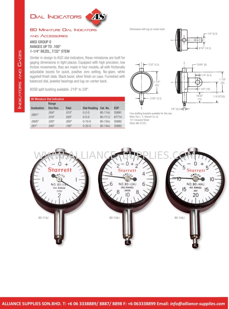 STARRETT Miniature Dial Indicators STARRETT Dial and Electronic Indicators and Gages STARRETT