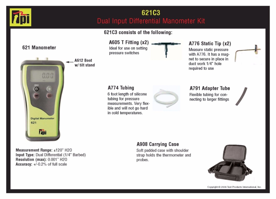TPI-621C3 Dual Input Differential Manometer Kit