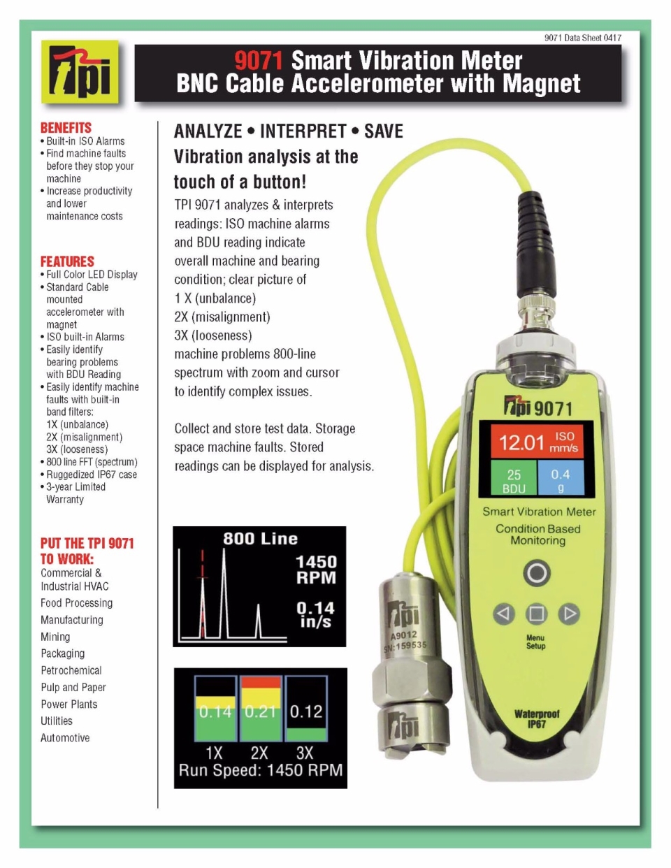 TPI9071 Smart Vibration Meter BNC Cable Accelerometer with Magnet