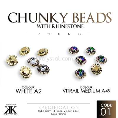 Chunky Bead with Rhinestone, Round, 8mm, 10pcs/pkt