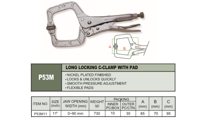 LONG LOCKING C-CLAMP WITH PAD - P53M11