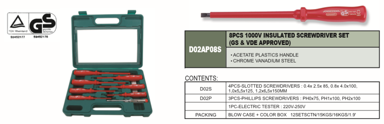 1000V INSULATED SCREWDRIVER SET (GS & VDE APPROVED) 8 PCS - D02AP08S