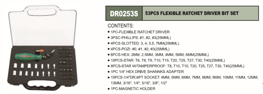 FLEXIBLE RATCHET DRIVER BIT SET 53 PCS - DR0253S