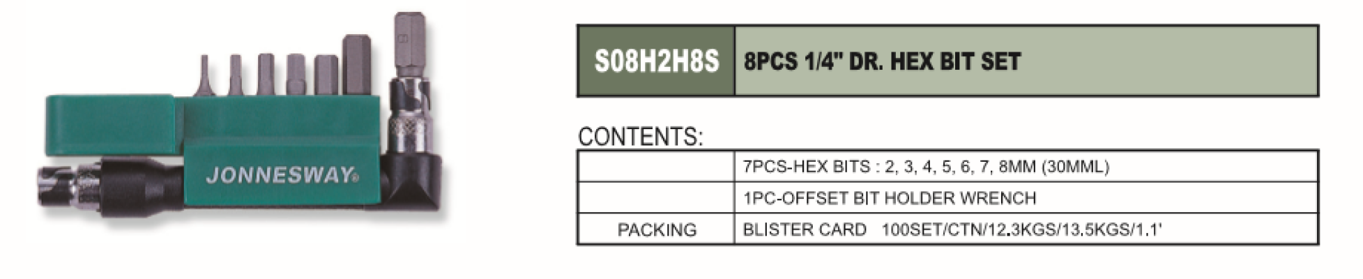 1/4" DR. HEX BIT SET 8 PCS - S08H2H8S