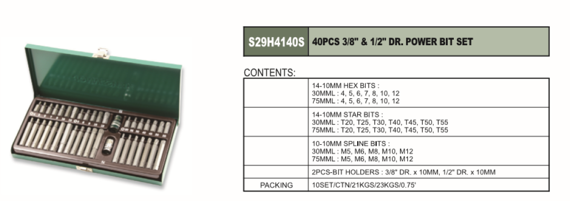 3/8" & 1/2" DR. POWER BIT SET 40 PCS - S29H4140S