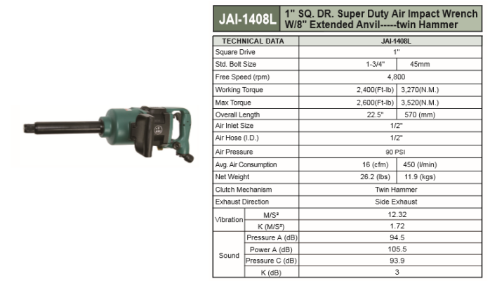 1" SQ. DR. SUPER DUTY AIR IMPACT WRENCH W/8" EXTENDED ANVIL -----TWIN HAMMER - JAI-1408L