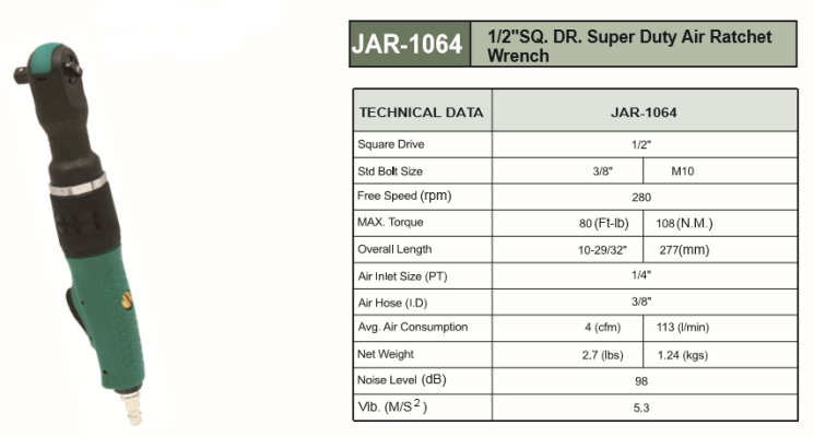 1/2" SQ. DR. SUPER DUTY AIR RATCHET WRENCH - JAR-1064