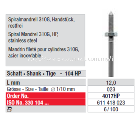 4017HP Spiral Mandrel HP, Stainless Steel