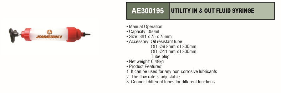 UTILITY IN & OUT FLUID SYRINGE - AE300195 Automotive Repair Tools Jonnesway
