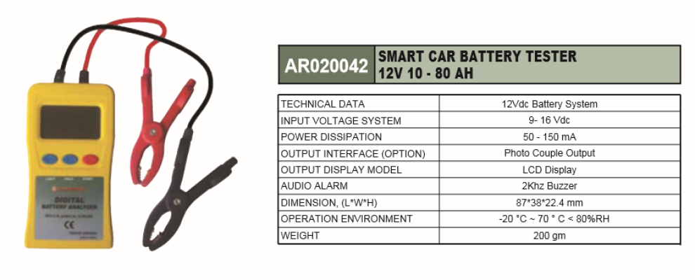 SMART CAR BATTERY TESTER 12V 10-80AH - AR020042