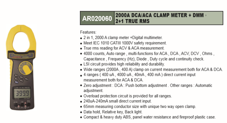 2000A DCA/ACA CLAMP METER + DMM 2+1 TRUE RMS - AR020060