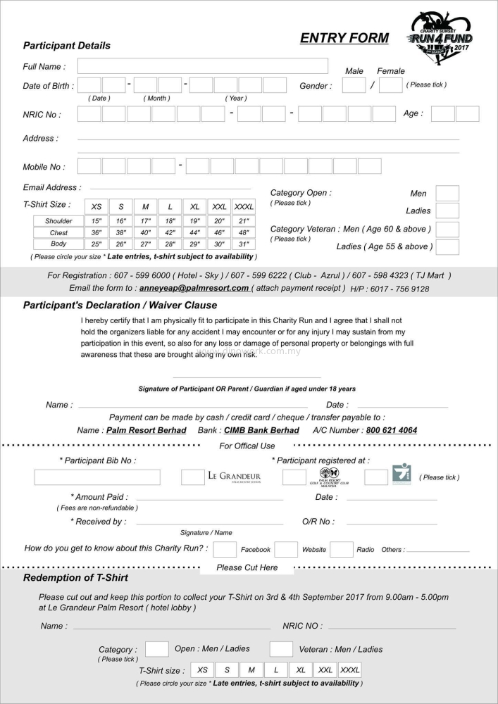 Entry Form for Charity Run 4 Fund 2017