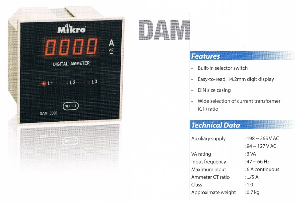 MIKRO DAM3000 AMPMETER WITH SELECTOR (600A~5000A) Mikro  Protection Relay