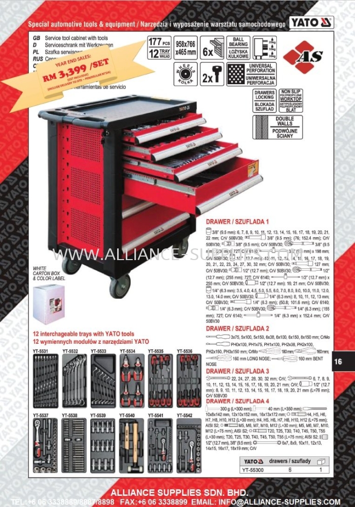 YT-55300 YT-5530 YATO 6 DRAWERS ROLLER CABINET C/W 177PCS TOOLS @ PROMO PRICE RM 3,399
