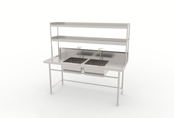 Double Bowl Sink Table With Overhead Shelf