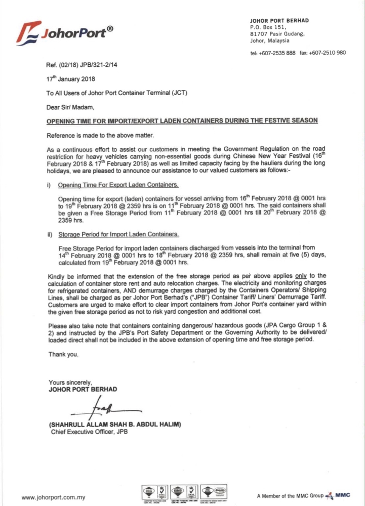 JPB Opening Time For Laden Export And Import During Chinese New Year 2018 