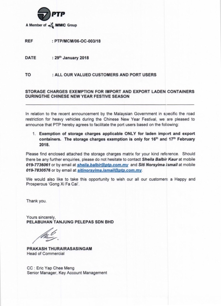 PTP Opening Time For Laden Export & Import During Chinese New Year 2018