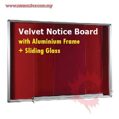 Velvet Notice Board with Aluminium Frame + Sliding Glass