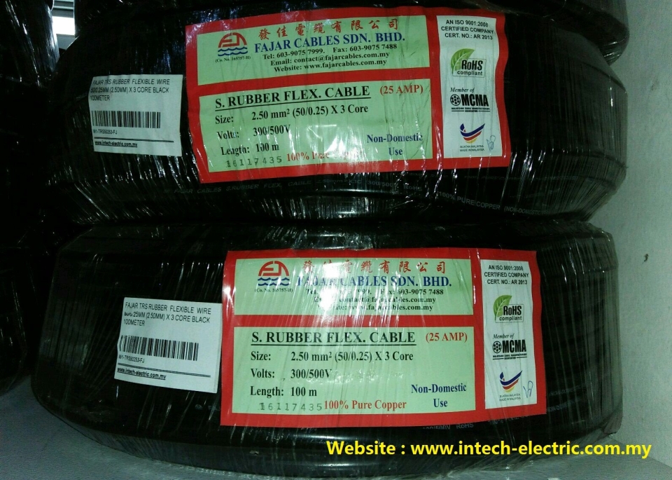 Fajar 50/0.25mm2.5mmx 3 Core Trs Rubber Flexible WireBlack100meter Fajar Cable Electric Cable Copper Type