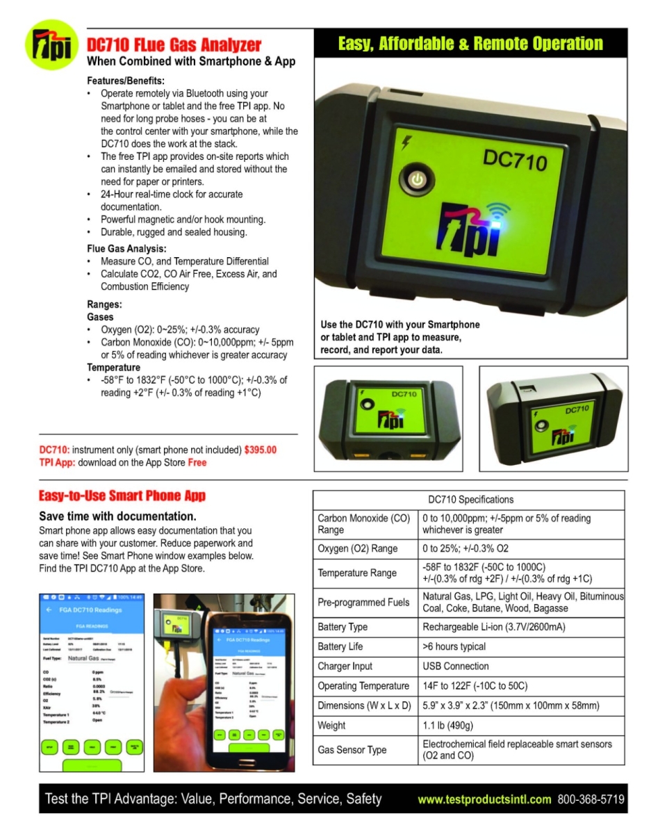 TPI DC710 FLue Gas Analyzer When Combined with Smartphone & App