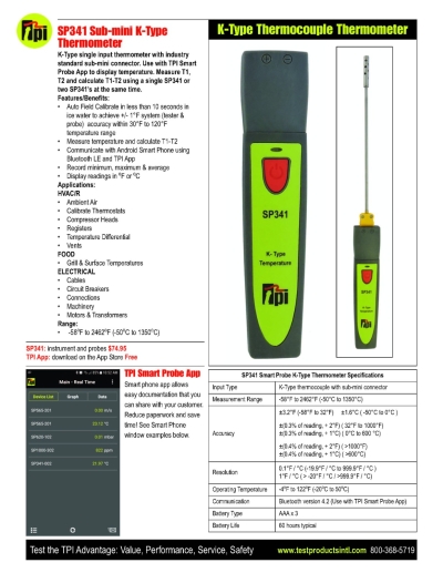 TPI SP341 Smart Probe K-Type Thermometer