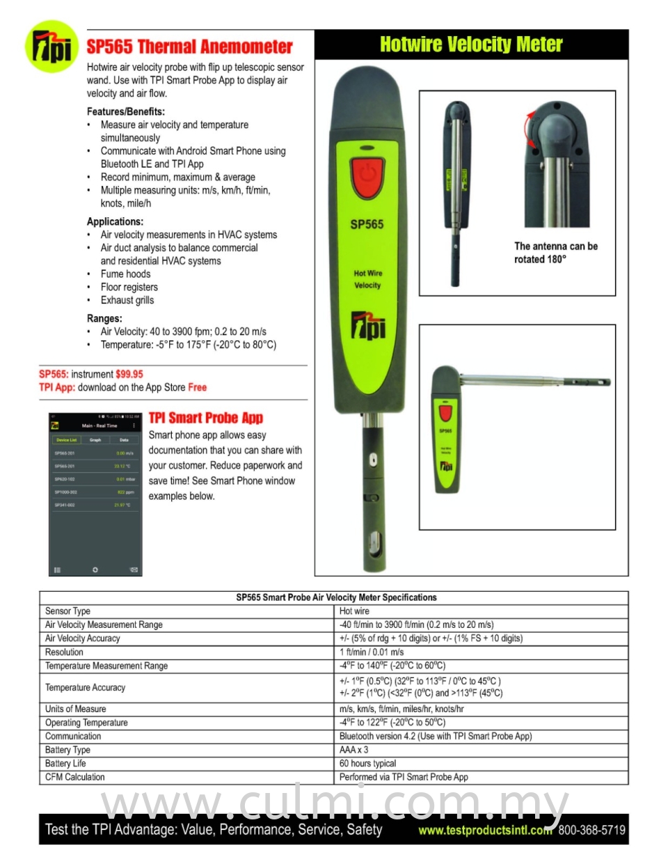TPI SP565 Smart Probe (Hot Wire) Air Velocity Meter